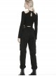 Punk Style Motorcycle Elastic Waist Trousers With Side Ribbons Large Pockets Cool Black Loose Trousers