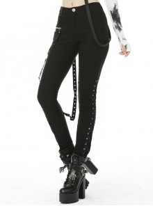 Punk Style Cool Side Cross Straps Personalized Metal Eyelet Braided Streamers Black Tight Trousers