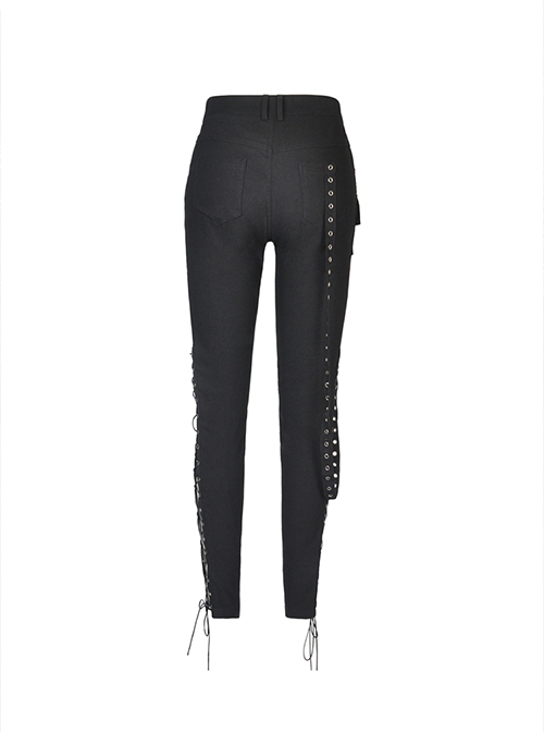 Punk Style Cool Side Cross Straps Personalized Metal Eyelet Braided Streamers Black Tight Trousers