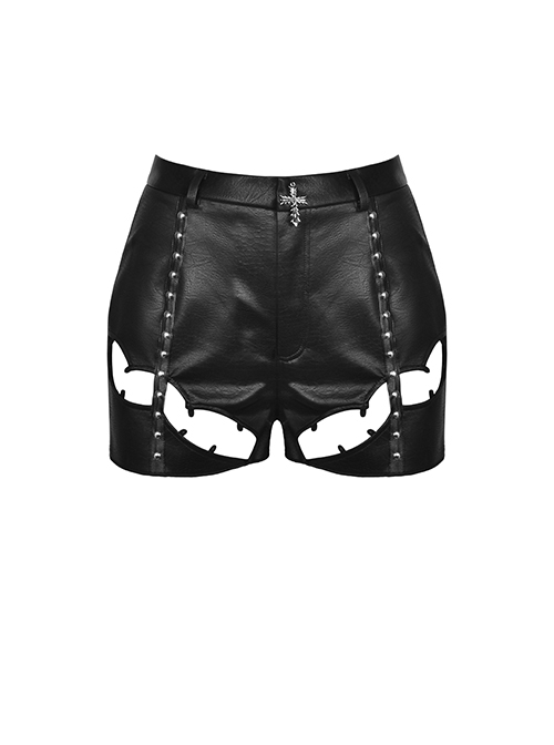 Punk Style Cool Metal Rivets Personalized Cross Decoration Sexy Thigh Hollow Black Leather Shorts