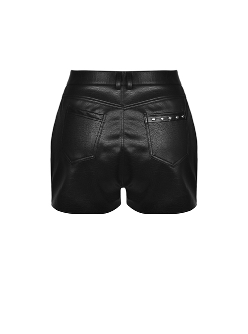 Punk Style Cool Metal Rivets Personalized Cross Decoration Sexy Thigh Hollow Black Leather Shorts