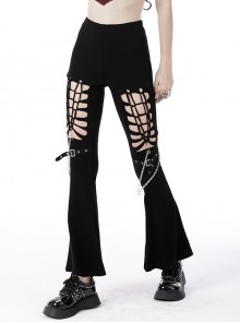 Punk Style Cool Metal Pin Chain Decorated Thighs Personalized Hollow Black Slim Bell Bottom Trousers