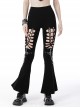 Punk Style Cool Metal Pin Chain Decorated Thighs Personalized Hollow Black Slim Bell Bottom Trousers