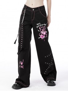 Punk Style Sweet Cool Love Buckle Unique Bear Graffiti Metal Chain Streamer Black Loose Straight Trousers