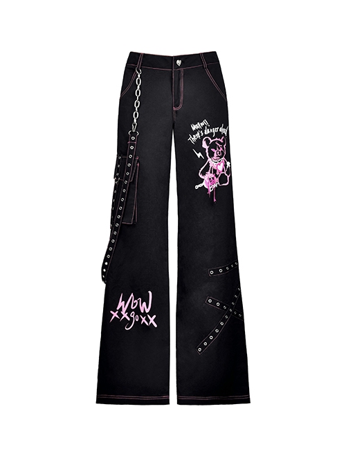 Punk Style Sweet Cool Love Buckle Unique Bear Graffiti Metal Chain Streamer Black Loose Straight Trousers