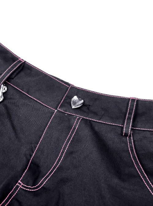 Punk Style Sweet Cool Love Buckle Unique Bear Graffiti Metal Chain Streamer Black Loose Straight Trousers