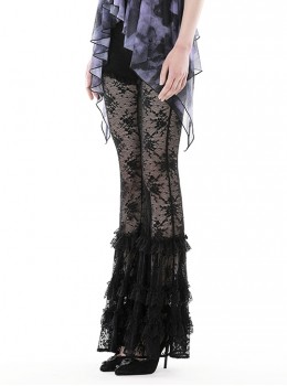 Gothic Style Gorgeous Multi Layered Lace Mesh Sexy See Through Elegant Black Elastic Slim Flared Pants