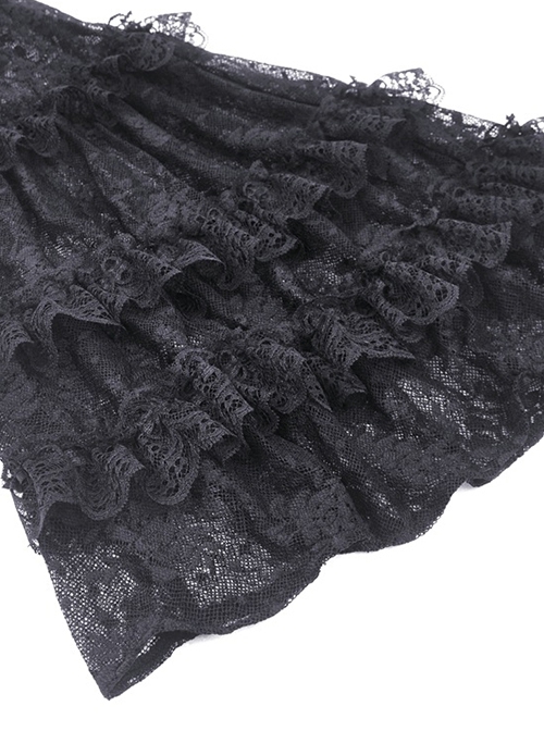 Gothic Style Gorgeous Multi Layered Lace Mesh Sexy See Through Elegant Black Elastic Slim Flared Pants