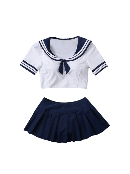 Collegiate Stylish Japanese Style Blue Cute Navy Collar Swimsuit School Lolita Short Sleeves Sailor Uniform Swimsuit