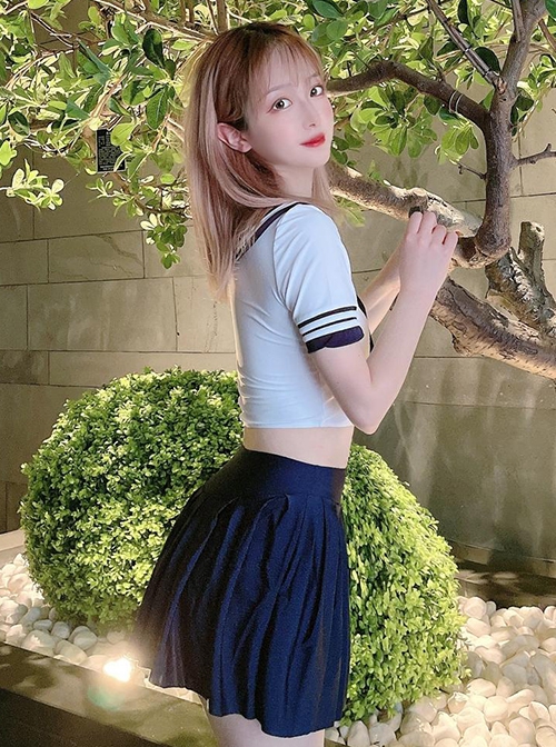 Collegiate Stylish Japanese Style Blue Cute Navy Collar Swimsuit School Lolita Short Sleeves Sailor Uniform Swimsuit