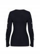 Punk Style Personalized V Neck Hollow Metal Ring Decoration Black Elastic Slim Long Sleeves T Shirt