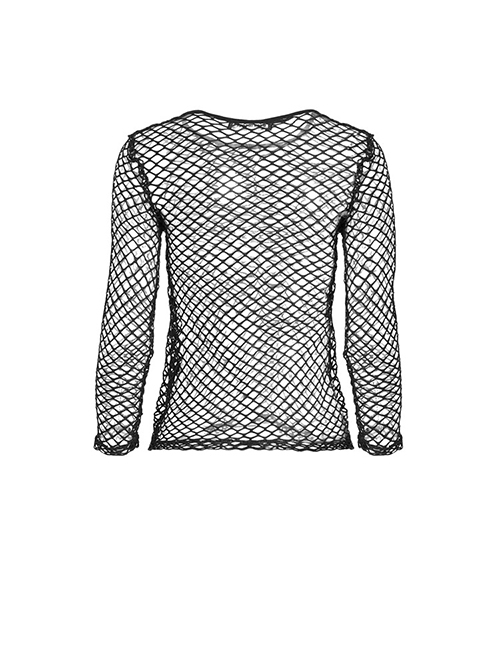Punk Style Sexy See Through Personalized Fishnet Mesh Black Round Neck Long Sleeves Slim T Shirt