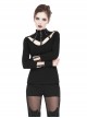 Punk Style High Collar Sexy V Shaped Hollow Chest Black Leather Strap Link Black Stretch Slim T Shirt