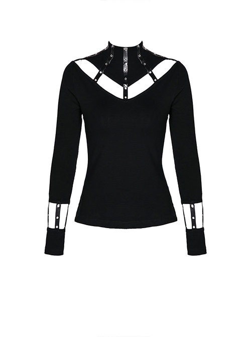 Punk Style High Collar Sexy V Shaped Hollow Chest Black Leather Strap Link Black Stretch Slim T Shirt