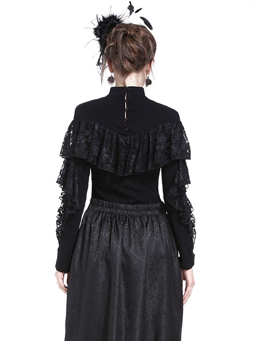 Gothic Style Elegant Stand Collar Retro Exquisite Lace Black Knitted Long Sleeves Slim T Shirt