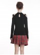 Punk Style Unique Halterneck Off Shoulder Metal Love Pendant  Design Black Knitted Long Sleeves T Shirt