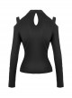Punk Style Unique Halterneck Off Shoulder Metal Love Pendant  Design Black Knitted Long Sleeves T Shirt
