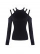 Punk Style Sexy Off Shoulder Design Versatile Daily Black Stretch Knit Long Sleeves Slim T Shirt