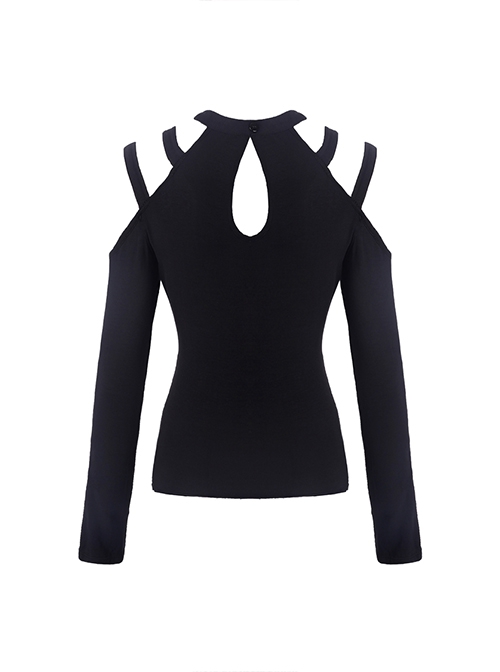 Punk Style Sexy Off Shoulder Design Versatile Daily Black Stretch Knit Long Sleeves Slim T Shirt