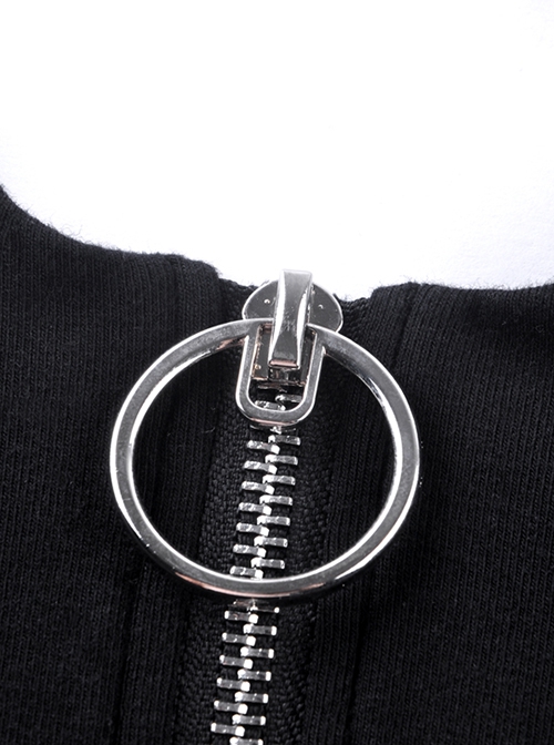 Punk Style Personalized Metal Round Zip Off Shoulder Design Daily Black Knit Short Sleeves T Shirt