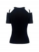 Punk Style Personalized Metal Round Zip Off Shoulder Design Daily Black Knit Short Sleeves T Shirt