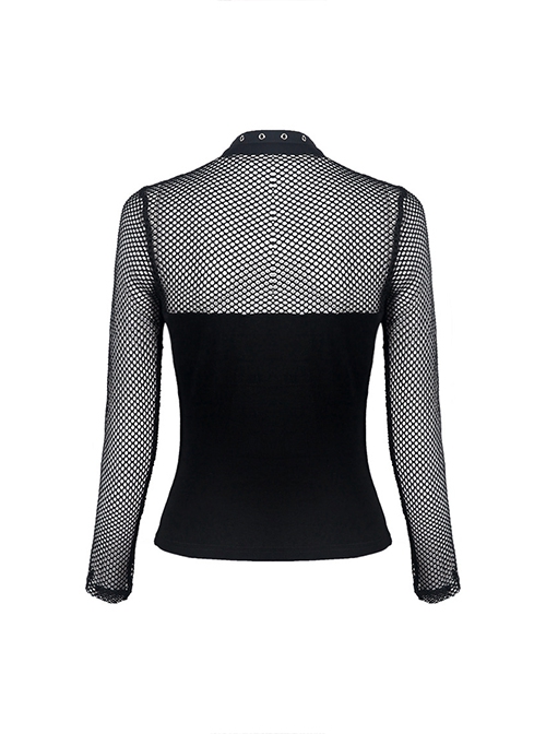 Punk Style Chinese Knot Button Stand Collar Chest Hollow Sexy Mesh Stitching Black Long Sleeves T Shirt