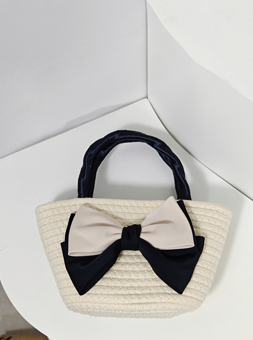 Temperament Daily Black Beige Bowknot Elegant Classic Lolita Fashion Tote Woven Straw Crossbody Handbag