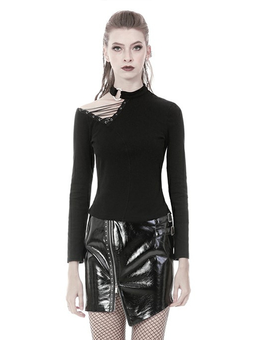 Punk Style Sexy Hollow Shoulder Metal Ring Buckle Daily Black Knitted Stretch Long Sleeves Slim T Shirt