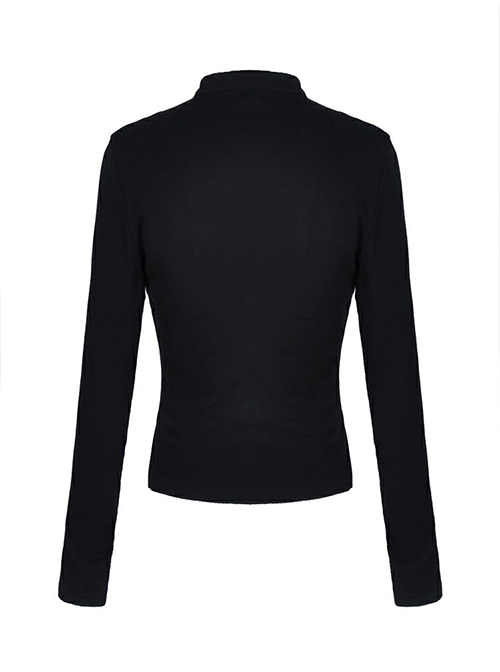Punk Style Sexy Hollow Shoulder Metal Ring Buckle Daily Black Knitted Stretch Long Sleeves Slim T Shirt
