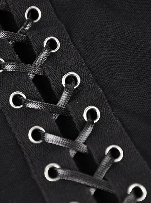 Punk Style Halterneck Front Sexy Cross Strap Off Shoulder Metal Rivets Black Mesh Long Sleeves T Shirt
