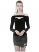Punk Style Sexy Elegant One Shoulder Chest Cutout Daily Versatile Black Long Knit Sleeves T Shirt