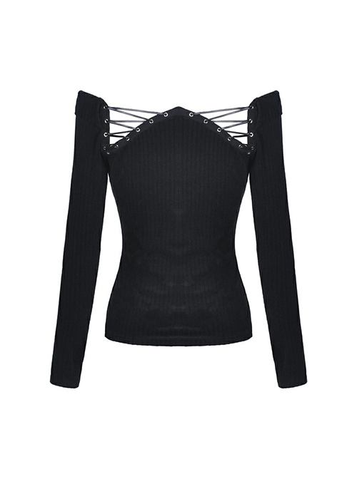 Punk Style Sexy Elegant One Shoulder Chest Cutout Daily Versatile Black Long Knit Sleeves T Shirt