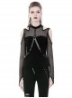 Punk Style Sexy Off Shoulder Cool Leather Straps Metal Eyelets Black Mesh Long Sleeves T Shirt