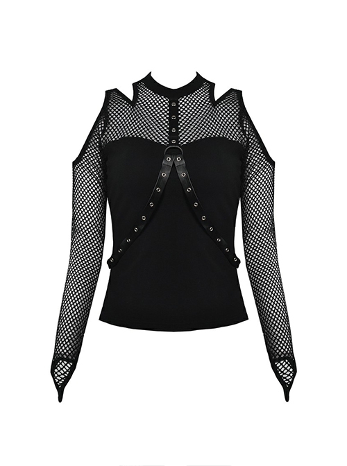 Punk Style Sexy Off Shoulder Cool Leather Straps Metal Eyelets Black Mesh Long Sleeves T Shirt