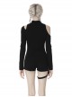 Punk Style Stand Collar Leather Buckle Irregular Rebellious Hollow Sexy Black Long Sleeves Stretch T Shirt