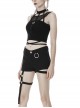 Punk Style Personalized Halter Neck Metal Buckle Mesh Splicing Sexy Black Stretch Cotton Crop Top T Shirt