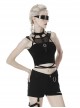 Punk Style Personalized Halter Neck Metal Buckle Mesh Splicing Sexy Black Stretch Cotton Crop Top T Shirt
