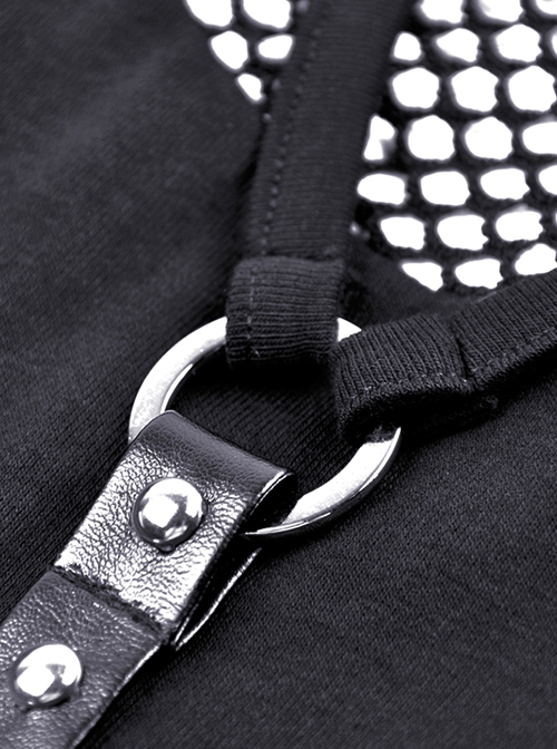 Punk Style Star Net Woven Mesh Stitching Leather Straps Metal Rivets Cool Black Sleeveless T Shirt