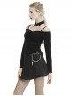 Punk Style Stand Collar One Shoulder Metal Chain Link Sexy Black Long Sleeves Halter Top T Shirt