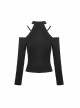 Punk Style Stand Collar One Shoulder Metal Chain Link Sexy Black Long Sleeves Halter Top T Shirt