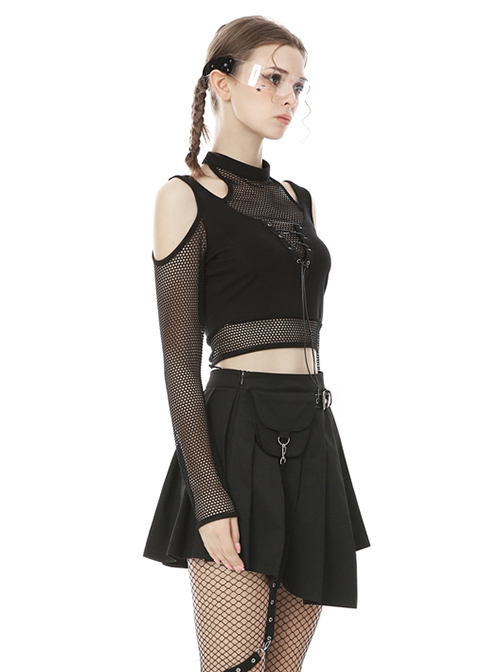 Punk Style Street Alternative Halterneck Off Shoulder Mesh Spliced Black Long Sleeves Short T Shirt