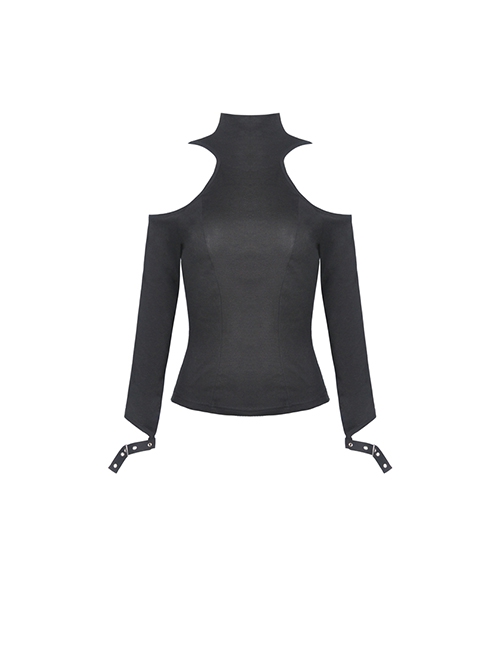 Punk Style Stand Collar Sexy Hollow Off Shoulder Metal Ring Zip Daily Black Long Sleeves T Shirt