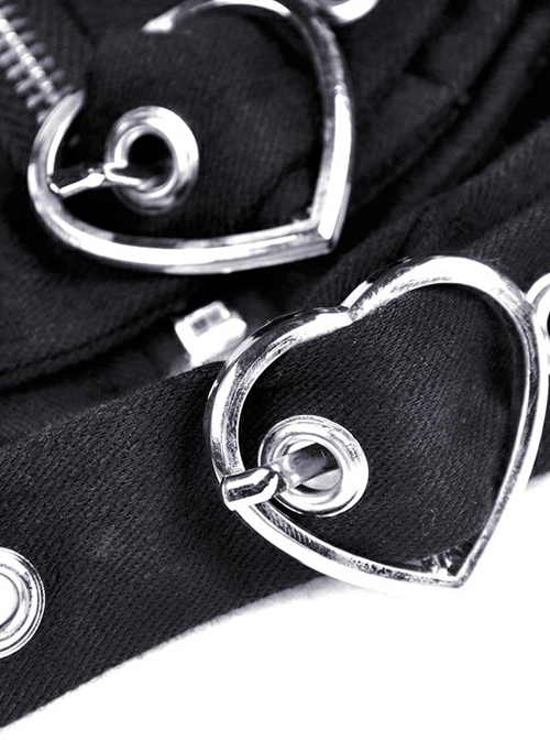 Punk Style Square Neck Sexy Cutout Waist Unique Metal Love Button Cool Black Short Sleeves Zip Top
