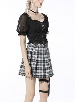 Gothic Style Backless Unique Metal Pin Zip Leather Cross Strap Mesh Ruffle Black Puff Sleeves Short Top