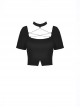 Punk Style Square Collar Chest Metal Chain Decoration Sexy Black Knit Halterneck Short Sleeves Top