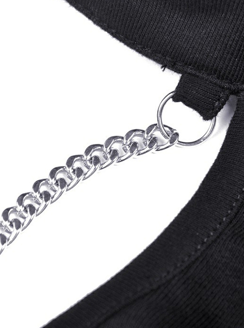 Punk Style Stand Collar Cool Metal Chain Cross Pin Pendant Daily Personality Black Short Sleeves Top