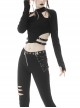 Punk Style Stand Collar Rebellious Hollow Metal Buckle Strap Sexy Black Long Sleeves Short Top