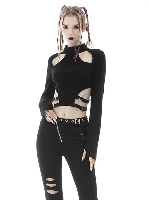 Punk Style Stand Collar Rebellious Hollow Metal Buckle Strap Sexy Black Long Sleeves Short Top