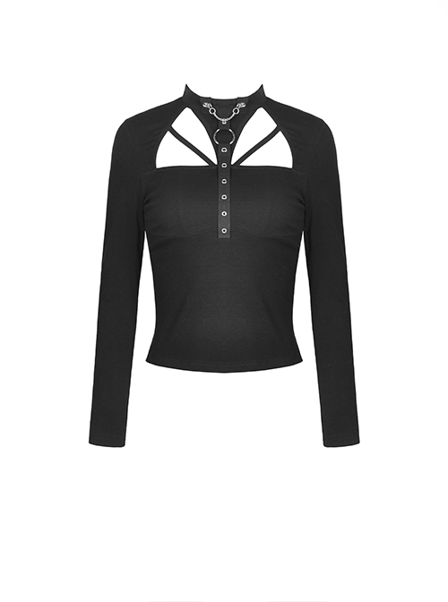 Punk Style High Collar Metal Ring Zip Unique Chain Decoration Sexy Chest Hollow Black Long Sleeves Top