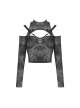 Punk Style Cool Metal Skull Pendant Sexy Hollow Off Shoulder Gray Black Tie Dyed Long Sleeves Short T Shirt